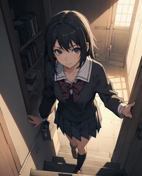 by krenz by makoto shinkai 1girl,school uniform looking at viewer,bangs walking ono stairs,perspective sunlight,beautiful,aesthe...