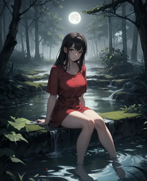 masterpiece,best quality,1girl,sitting in a red pool of water at night with a full moon in the background and a creepy forest,