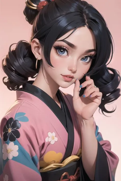 ((masterpiece)),(illustration),best quality,delicate details,refined rendering,Anime style,((Guido Daniele)),comic,((Japan Anime style)),((Menga style)),(((Toon style))),close-up view,1girl,kimono,((solo)),beautiful face,real skin texture,well-proportioned hands,standing,eyeliner,eyelashes,lipstick,eyeshadow,make up,nail polish,hair over eyes,drill hair,hair rings,Giggling,Looking Ahead,