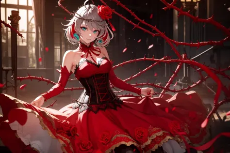 destiny (takt op.), cowboy shot, 
(1girl, solo), 
(aqua eyes, eye reflection), (ahoge, colored inner hair, multicolored hair, grey hair, red hair, two-tone hair),
neck ribbon, crown of thorns, thorns, (red cape, dress flower), detached sleeves, hair flower, hair ornament, long sleeves, black corset, long skirt, red dress, rose, strapless dress, long skirt, thighhighs, thighlet, red nails, dress flower, black thighhighs, 
(masterpiece, best quality, ultra-detailed), (realistic:1.4), (beautiful detailed face, beautiful detailed eyes, volumetric lighting),
mksks style, beautiful background, orchestra, indoors,