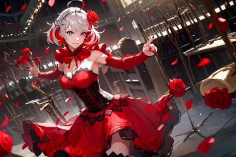 destiny (takt op.), cowboy shot, 
(1girl, solo:1.5), 
( jewel eye,  eye reflection), (ahoge, colored inner hair, multicolored hair, grey hair, red hair, two-tone hair),
neck ribbon, crown of thorns, thorns, (red cape, dress flower), detached sleeves, hair flower, hair ornament, long sleeves, black corset, long skirt, red dress, rose, strapless dress, long skirt, thighhighs, thighlet, red nails, dress flower, black thighhighs, 
(masterpiece, best quality, ultra-detailed), (realistic:1.4), (beautiful detailed face, beautiful detailed eyes, volumetric lighting),
mksks style, beautiful background, orchestra, indoors, concert,