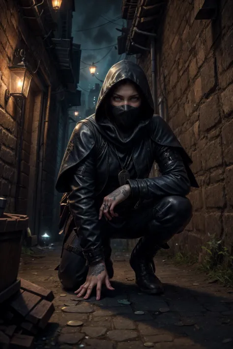 a man in a hooded jacket crouches down in a alley