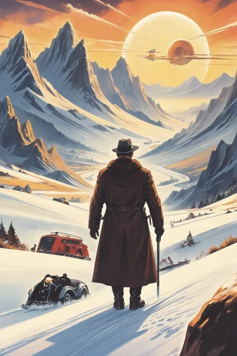 retro 1940s scifi poster, comic book style, golden hour, scenery, in a eternal snow peaks<lora:envystarlightretro02:1.25>