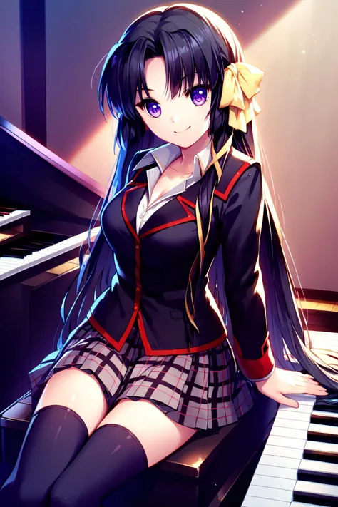 anime girl sitting on a piano with long hair