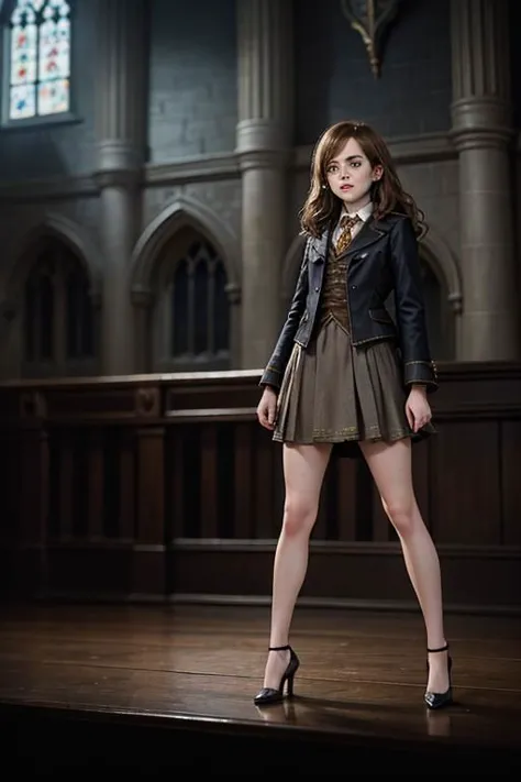 Emma Watson as Hermione Granger in Harry Potter, mature 35 years old, high heels, sexy, hot, casting a spell,  bushy brown hair ...