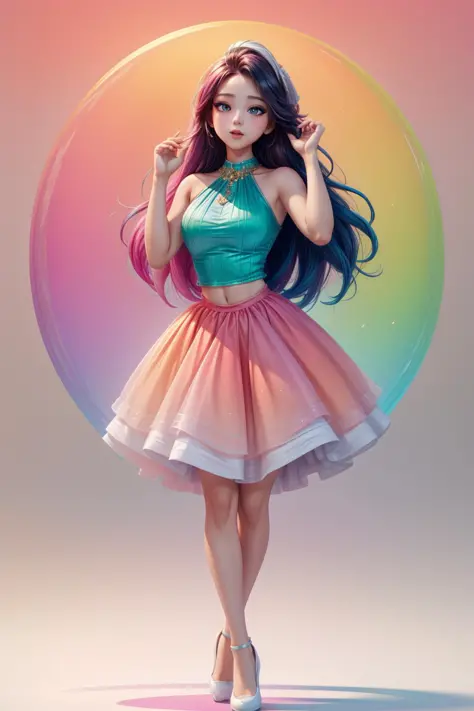 (full body:1.2), Colorful gradient background,Hands Up Pose,
(solo:1.2),lady, (coloful:1.2), Round Neck Top