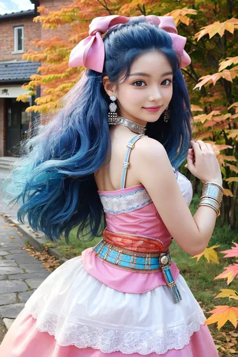 a close up of a woman with blue hair wearing a pink dress