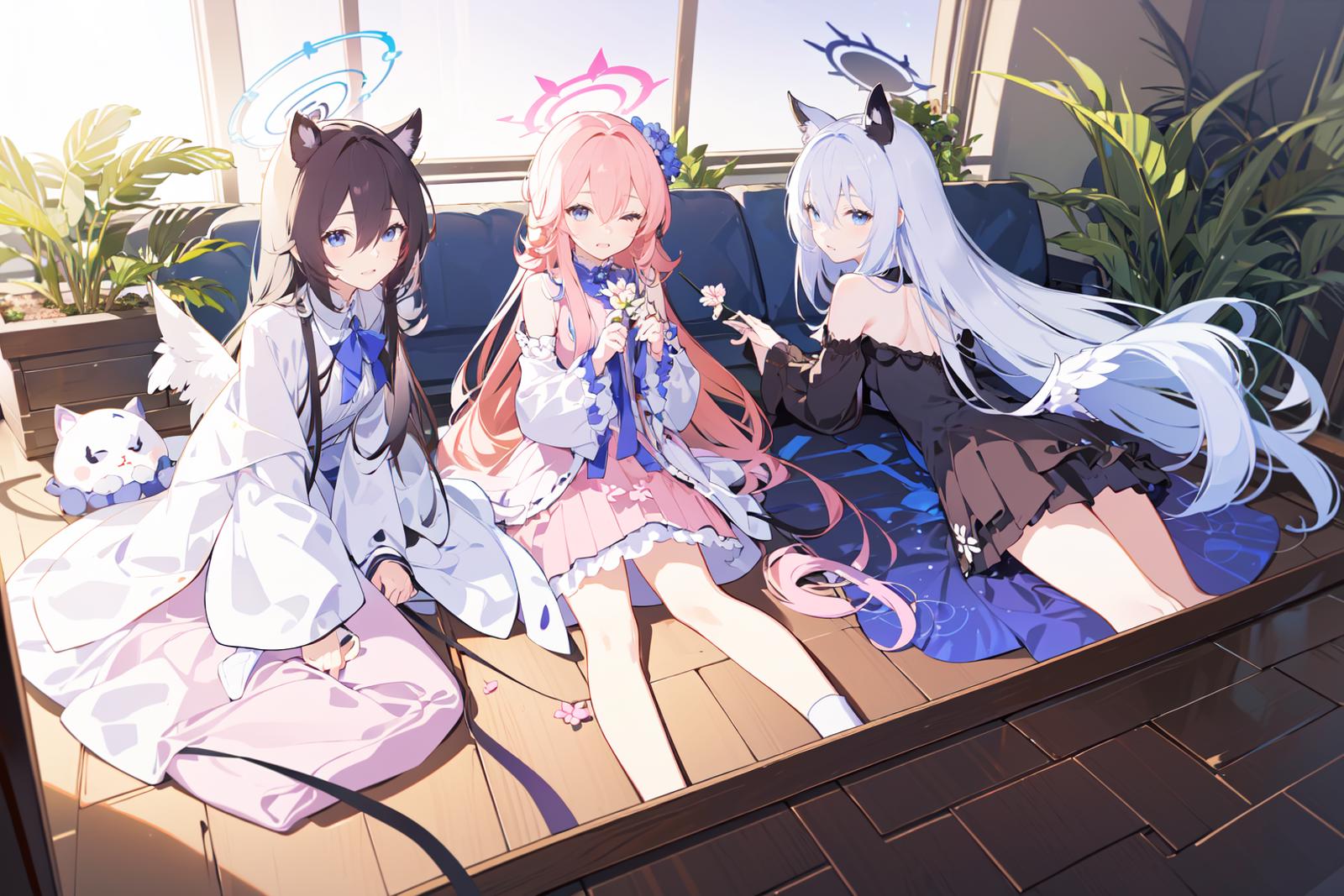 Anime characters sitting on a bench with a cat and a dog - SeaArt AI