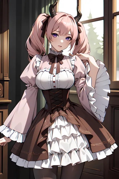 masterpiece,best quality,photorealistic, unreal engine, ultra res, extremely detailed,
1girl<lora:Linie001:0.4>
LINIE,HORNS,PINK HAIR,TWINTAILS,
DRESS,BROWN RIBBON,FRILLS,CORSET,WIDE SLEEVES,SLEEVES PAST WRISTS, PANTYHOSE
(big breasts, waist, slender:1.1), 
watching at viewer,
waist shot
 <lora:hews style by goofy ai:0.>hewsstyle
 <lora:Styles_animemix_16:0.>
 <lora:izumirika_lora:0.>