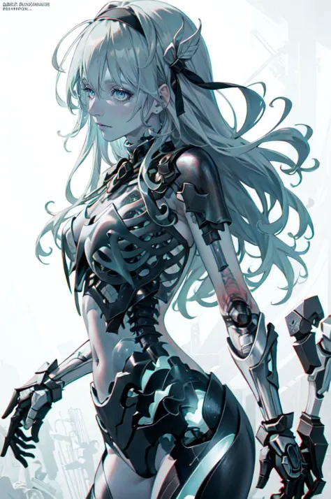 translucent skin, bone, spine, mechanical parts, white skin, blue skin,   1girl, blue eyes, grey hair, long hair, hair ornament, black hairband, green thighhighs,, absurdres, ultra detailed, masterpiece, best quality, aesthetic, detailed,