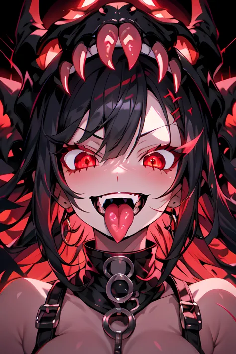 1girl, black hair, red eyes <lora:PSYCHOPHONKY:1> psychophonky, psychotic, crazy smile, glowing eyes, fangs, sharp teeth, tongue...