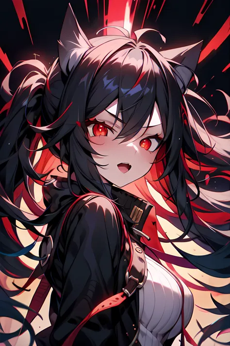 anime girl with long black hair and red eyes standing in front of a dark background