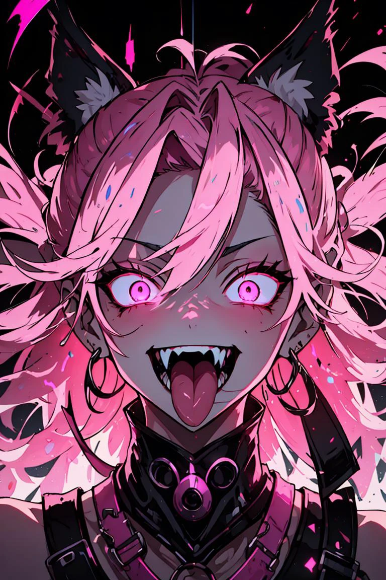 constricted pupils, small pupils,
psychophonky, psychotic, crazy smile, glowing eyes, fangs, tongue sticking out ,
constricted pupils,
fire, particles,( pink:1.2)