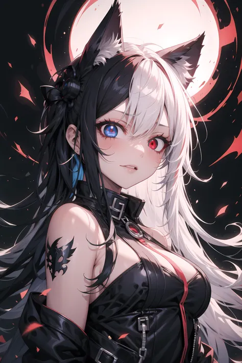 1girl, long hair, cat ears, psychotic, glowing eyes, <lora:PSYCHOPHONKY:0.3> BREAK
black hair, blue eye BREAK
white hair, red ey...