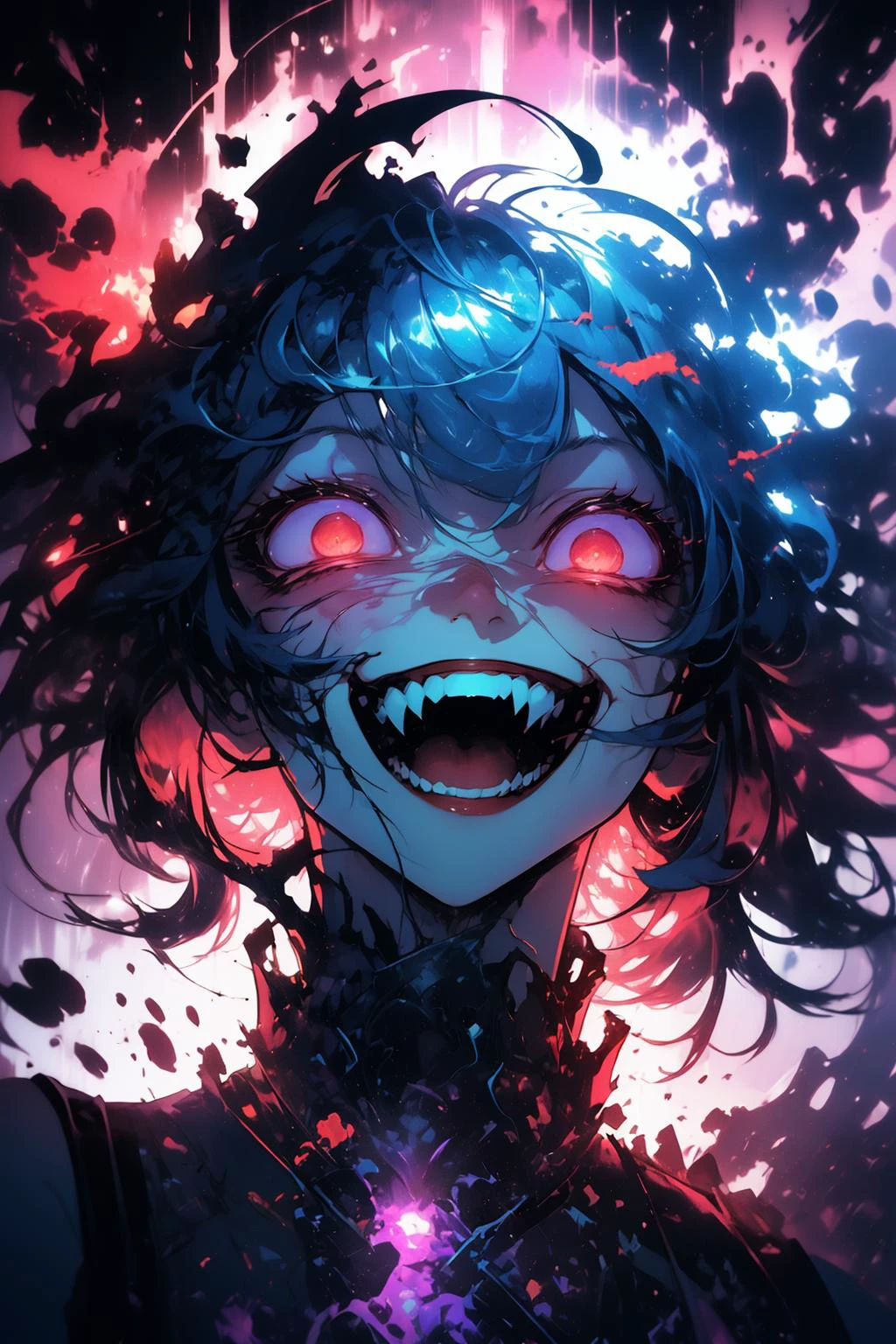 (Simple illustration:1.3) from below, dramatic, psychophonky, psychotic, crazy smile, glowing eyes, fangs, constricted pupils, small pupils