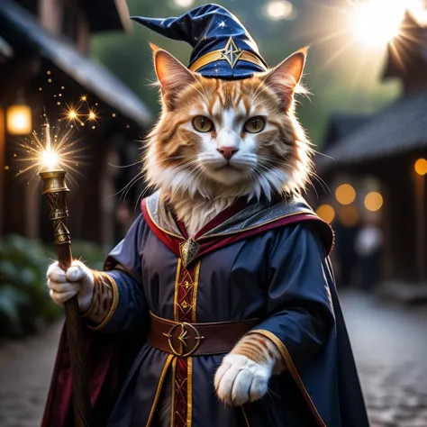 a cat, ((wizard outfit)), epic scene, dynamic camera, backlight, (close up:1.2), high quality photography, 3 point lighting, fla...