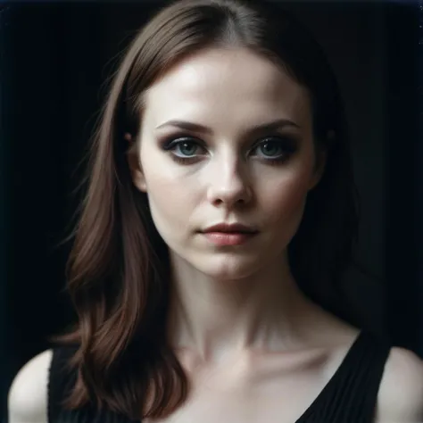 dark shot, face photo of 28 y.o pale woman, makeup, film grain