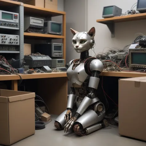 photo of partially assembled prototype of catgirl robot, defective broken damaged, sitting in corner on a museum shelf dusty old...