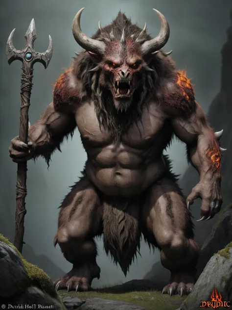 a close up of a demon with a staff and a large horned head