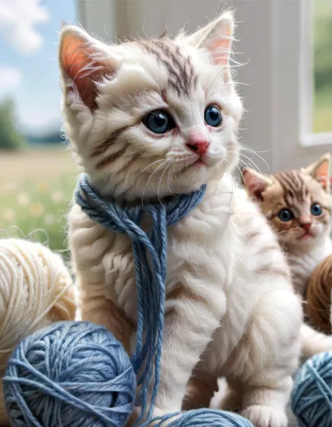 w00len <lora:WoolifySDXLv1:1>, a photorealistic close up picture of kittens made out of wool and yarn, yarn, (highly detailed:1....