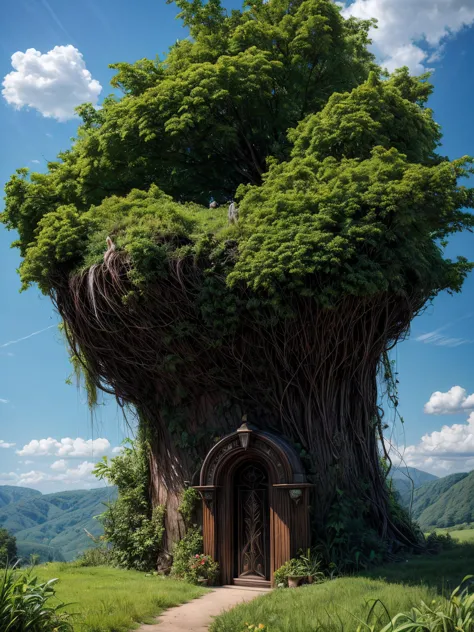 a close up of a tree with a door in the middle of it