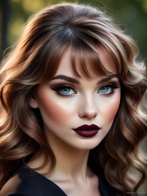 photo of a gorgeous woman, eyeshadow, lipstick, mascara, long_eyelashes, smoky makeup, (best makeup), (smoky eyeshadow), wavy ha...