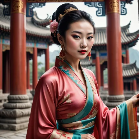 A Photograph of a young chinese woman in a realistic professional photoshoot, silk cloths, Capture her graceful beauty as she poses amidst a vibrant temple backdrop.