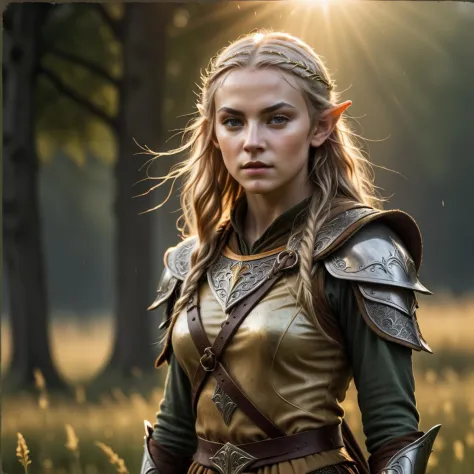 A Photograph of a fierce, young elven warrior, standing defiantly in a sunlit meadow, drenched in golden hues, ready to conquer.