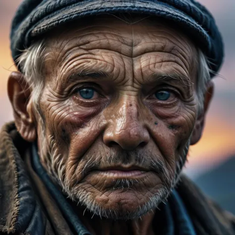 closeup portrait emotional photo of old man in rugged bluesman clothes, face, 8k uhd, high quality, film grain, looking at viewe...