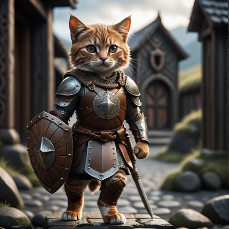 cinematic film still awardwinning photo cute cat, rust, epic, viking knotwork, wearing armor and shield, full body . shallow depth of field, vignette, highly detailed, high budget, bokeh . shallow depth of field, vignette, highly detailed, high budget, bokeh, cinemascope, moody, epic, gorgeous, film grain, grainy