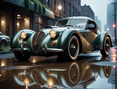 cinematic film still a photo of a dieselpunk sports car, 3/4 front view, survival, post-apocalyptic, cyberpunk, outdoors, ((night)), reflective puddles masterpiece, (overgrown city) . shallow depth of field, vignette, highly detailed, high budget, bokeh, cinemascope, moody, epic, gorgeous, film grain, grainy