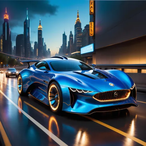 A Photograph of a sleek, futuristic dieselpunk sportscar roaring down a neon-lit, cybernetic highway, its metallic blue body reflecting the vibrant cityscape as it leaves a trail of electrifying blue flames in its wake.