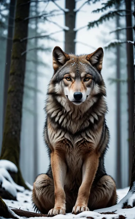 cinematic film still, wolf sitting, wild, forrest, snow