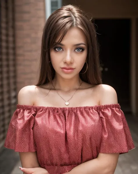 a close up of a woman with a red dress posing for a picture