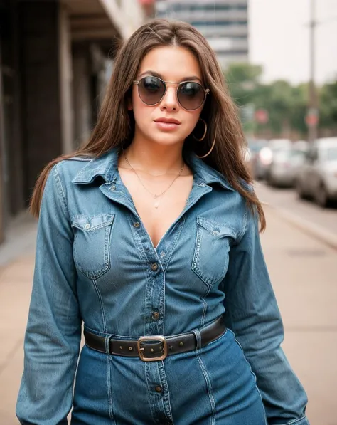 a woman in a denim jumpsuit and sunglasses walking down a street