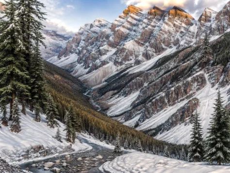 a photo of a forest trail, snowy mountain range, valley, rule of thirds, volumetric lighting, detailed background, shaded, subsu...