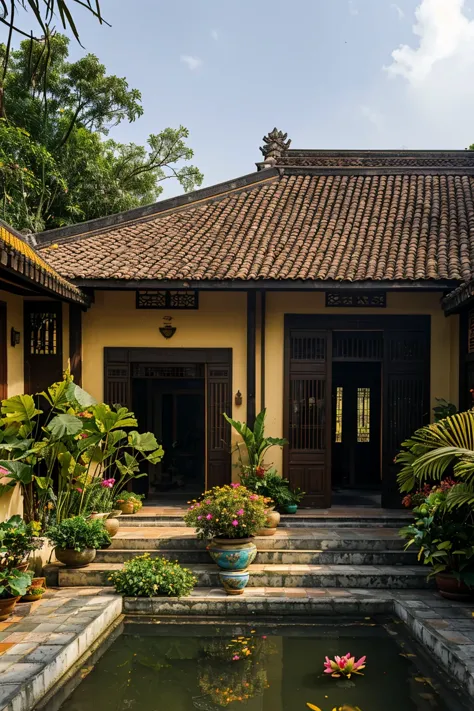 photograph, exterior, vietnamese heritage house, terracotta tiled gable roof, yellow ochre walls, centre lotus pond, wooden door...