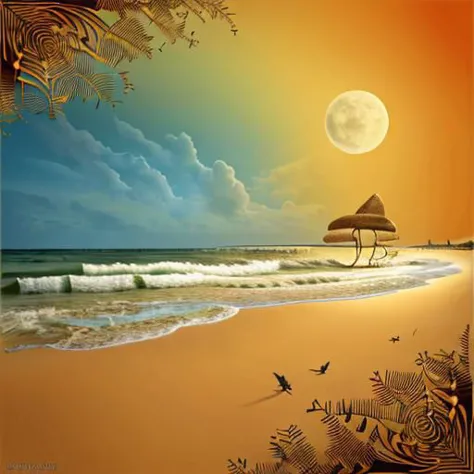 beach landscape, surrealism, abstract, intricate detail, golden ratio, in the style of dahli, warm colors