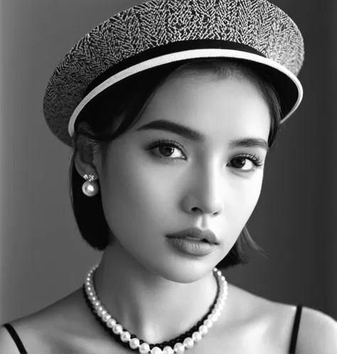 a close up of a woman wearing a hat and pearls