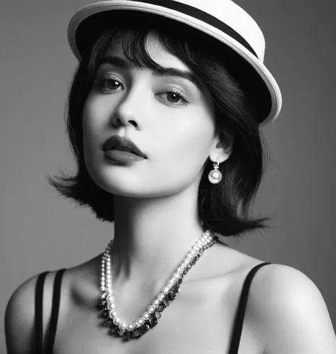 a woman wearing a hat and necklace posing for a picture