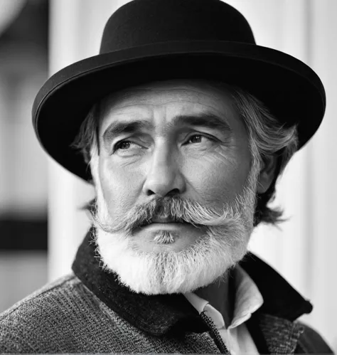 gray,monochrome,(black-and-white photograph:1.5),1boy,male focus,beard,monochrome,facial hair,solo,greyscale,hat,old,closed mout...