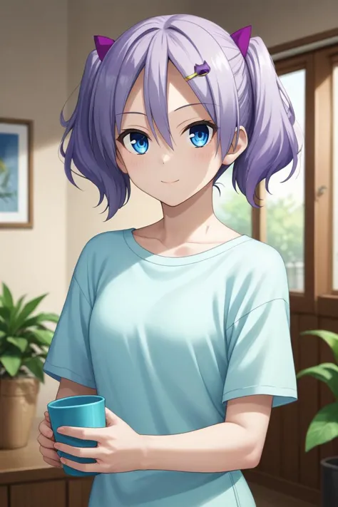 score_9, score_8_up, score_7_up, source_anime, rating_safe, , (photorealistic:0.6), looking at viewer, depth of field, 1girl, solo, <lora:kaname_arisugawa_pony:0.8>, kaname_arisugawa, purple hair, blue eyes, short hair, twintails, short twintails, hair between eyes, hair ornament, hairclip, panorama, living room, plant, midnight, holding object, happy, , <lora:sdxl_lightning_8step_lora:1>