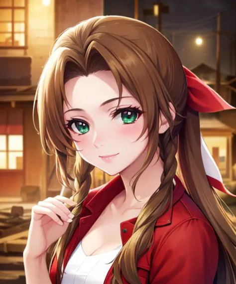 portrait, (adult woman), (1girl, solo), smile, (brown hair), green eyes, ((slums)), (night, hazy), ((best quality, high detail)), ((masterpiece)), aerith gainsborough, hair ribbon, braid, red cropped jacket, dress, 