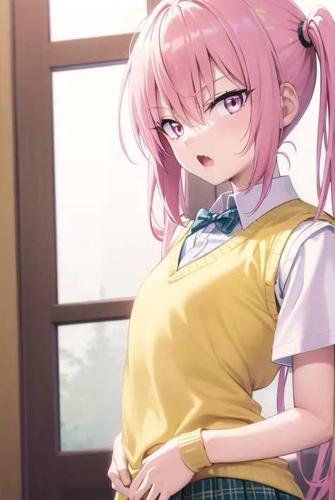 anime girl with pink hair and a yellow shirt and green skirt