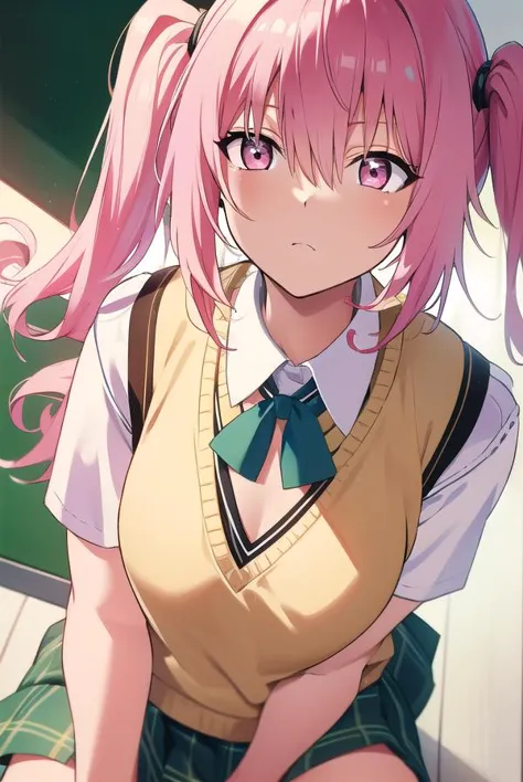 anime girl with pink hair and green skirt sitting on a bench