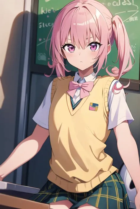 nanadeviluke, <lyco:nanadeviluke-LYCORIStest:1>,
nana asta deviluke, fang, long hair, (pink eyes:1.5), pink hair, tail, twintails, (flat chest:1.2),
BREAK green skirt, plaid, plaid skirt, sainan high school uniform, school uniform, skirt, shirt, white shirt, sweater vest, (yellow sweater vest:1.5), short sleeves,
BREAK looking at viewer,
BREAK indoors, classroom,
BREAK <lora:GoodHands-vanilla:1>, (masterpiece:1.2), best quality, high resolution, unity 8k wallpaper, (illustration:0.8), (beautiful detailed eyes:1.6), extremely detailed face, perfect lighting, extremely detailed CG, (perfect hands, perfect anatomy),