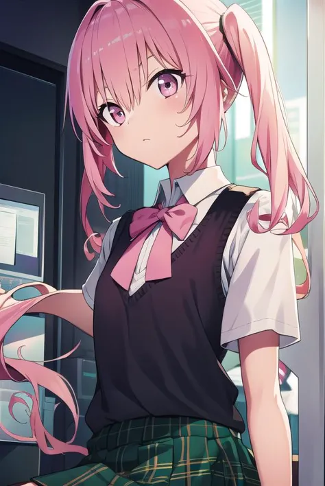 a close up of a person with pink hair and a school uniform