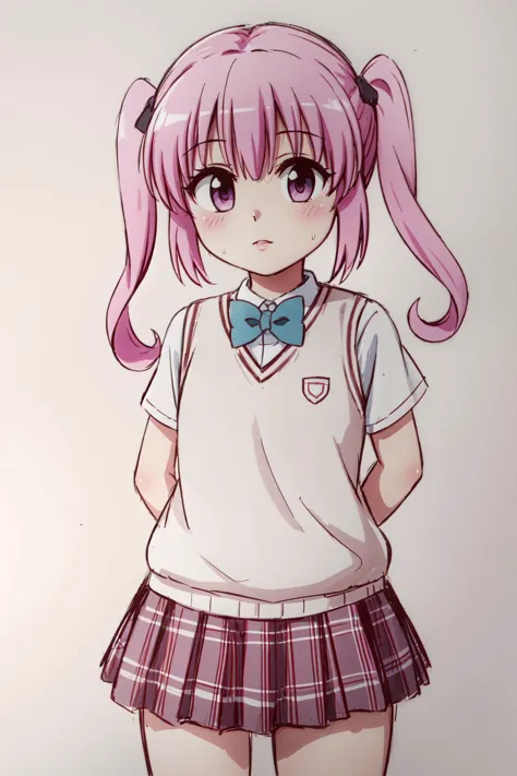 (NANA ASTA DEVILUKE, LONG HAIR, TAIL, TWINTAILS, stunning 1girl,original,LOOKING AT VIEWER),
HAND-DRAWN ART ,MONOCHROME,UNPAINTED,
(simple background,sketch,cute expression,pink eyes:1.2)
SKIRT, PLAID, PLAID SKIRT, SAINAN HIGH SCHOOL UNIFORM, SCHOOL UNIFORM, SKIRT, SHIRT, SWEATER VEST
masterpiece,(ultra realistic), 8k UHD,wallpaper,absurdres, (intricate details),
cute colors,
<lora:nana deviluke darkness-lyco-nochekaiser:0.85>
<lora:SwamiTsunami-LoCon:0.35>