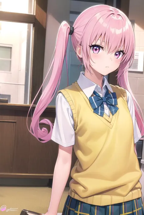 anime girl with pink hair and school uniform holding a book