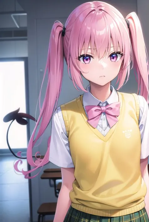 anime girl with pink hair and a yellow vest and a pink bow tie